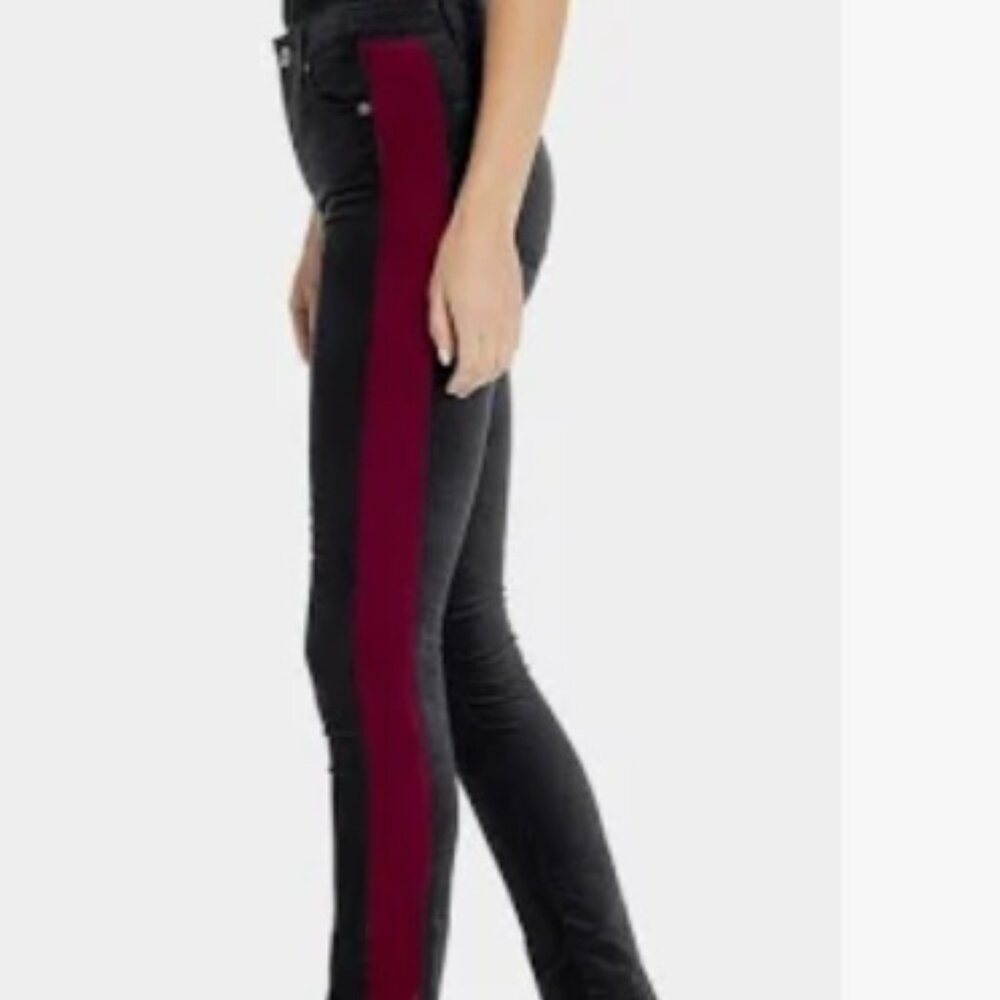 AG Adriano Goldschmied The Mari Velvet Tuxedo Stripe High Rise Straight Black 26